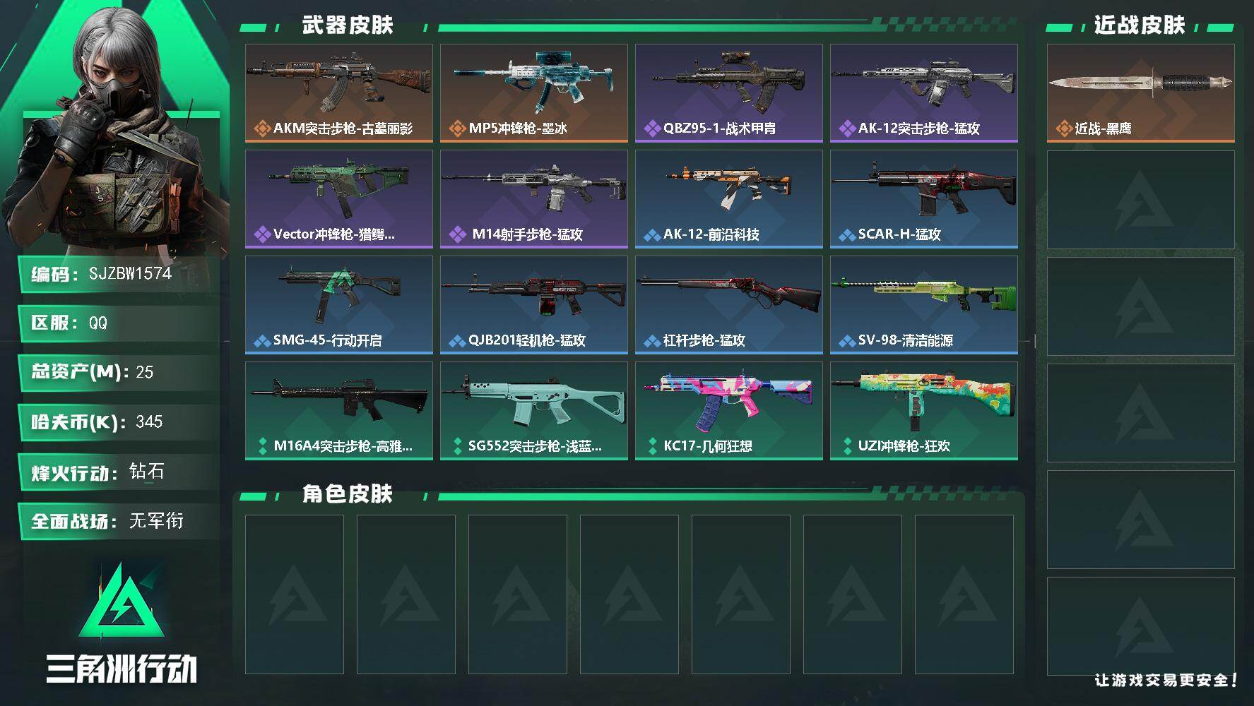 三角洲行动账号QQ【SJZBW1574】总资产25M/哈夫币34万/传说枪皮数2/战场等级1/行动等级60/安全箱等时效性道具以游戏内数据为准，详情请看图/近战-黑鹰/AKM突击步枪-古墓丽影/MP5冲锋枪-墨冰/Q