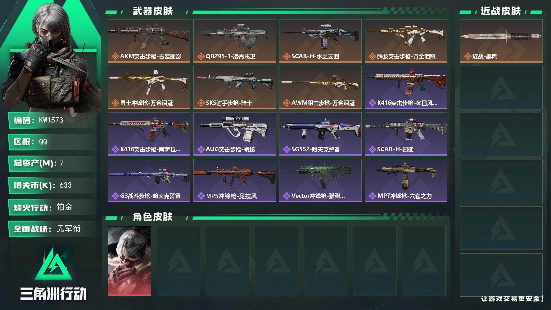三角洲行动账号QQ【KW1573】总资产7M/哈夫币63万/干员外观数1/传说枪皮数7/战场等级3/行动等级60/安全箱等时效性道具以游戏内数据为准，详情请看图/骇爪-水墨云图/近战-黑鹰/AKM突击步枪-古墓丽影/