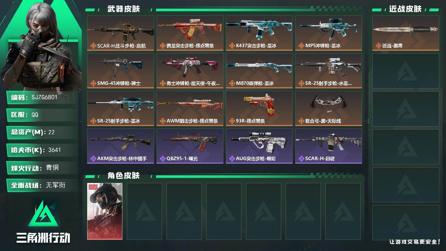 三角洲行动账号QQ【SJZG6801】总资产22M/哈夫币364万/干员外观数1/传说枪皮数12/战场等级2/行动等级58/安全箱等时效性道具以游戏内数据为准，详情请看图/露娜-黑·天际线/近战-黑鹰/SCAR-H战