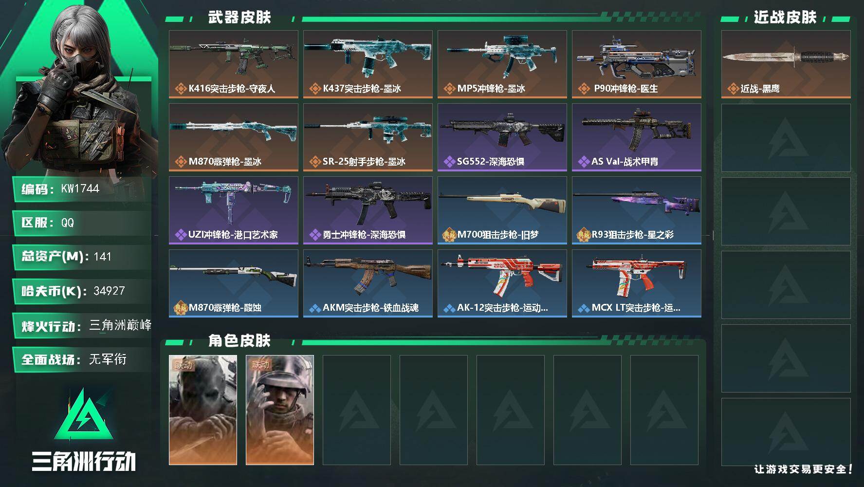 三角洲行动账号QQ【KW1744】总资产141M/哈夫币3492万/干员外观数2/传说枪皮数6/战场等级1/行动等级60/安全箱等时效性道具以游戏内数据为准，详情请看图/无名-守夜人/蜂医-医生/近战-黑鹰/K416