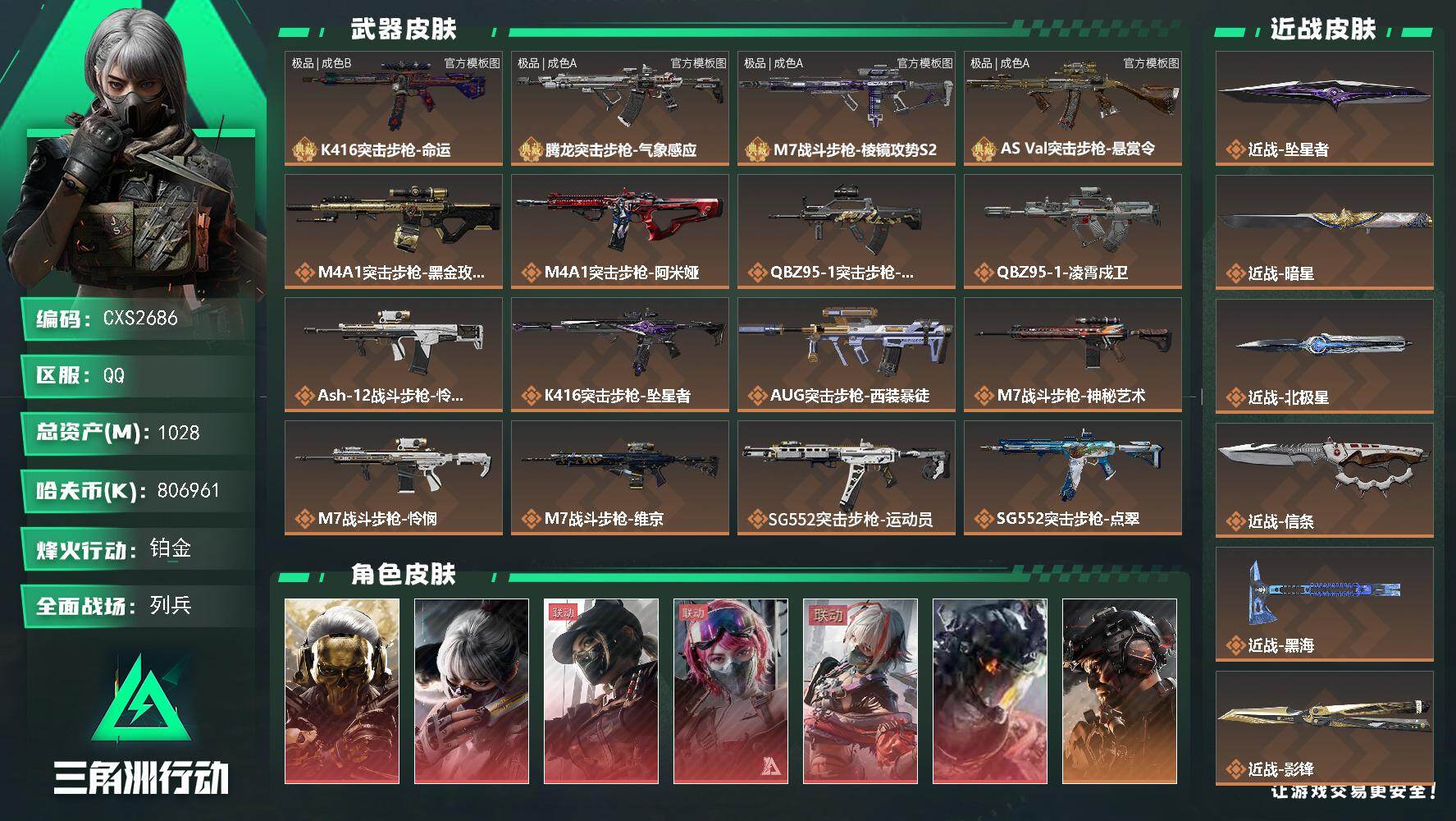 三角洲行动账号QQ1028m总资产-806961k哈夫币-威龙全皮
【干员外观】：红狼-蚀金玫瑰，骇爪-水墨云图，露娜