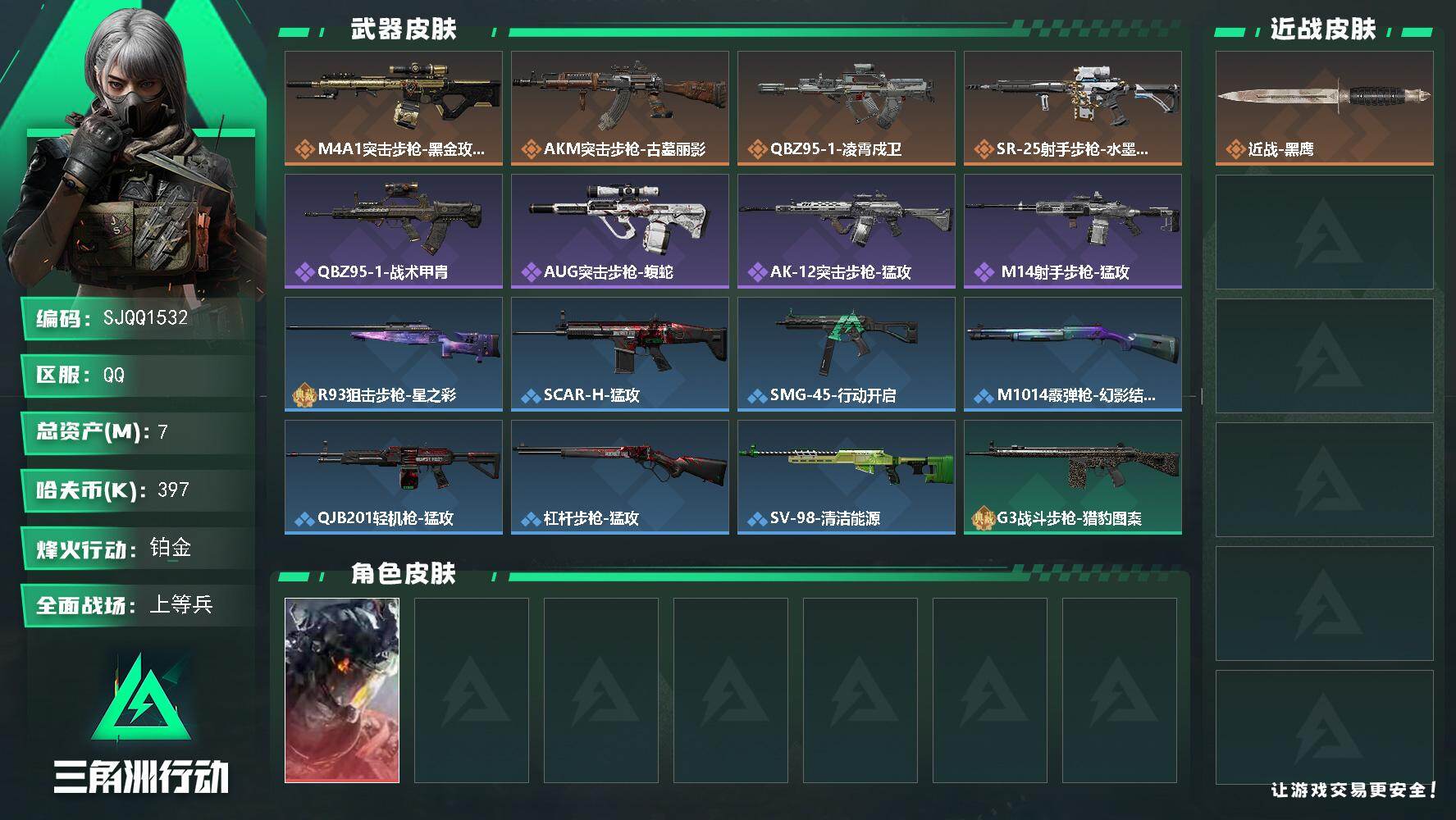 三角洲行动账号QQ【SJQQ1532】总资产7M/哈夫币39万/干员外观数1/传说枪皮数4/战场等级21/行动等级52/安全箱等时效性道具以游戏内数据为准，详情请看图/威龙-凌霄戍卫/近战-黑鹰/M4A1突击步枪-蚀