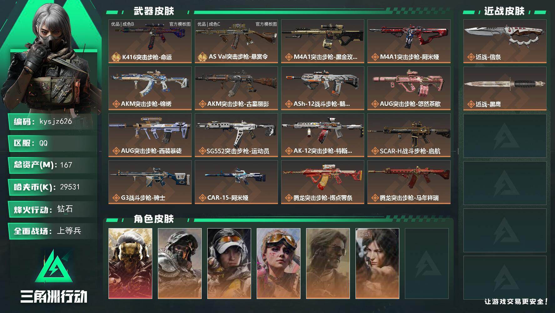 三角洲行动账号QQ167m总资产-29531k哈夫币-60烽火等级-钻石-25战场等级-上等兵
【干员外观】：红狼-蚀