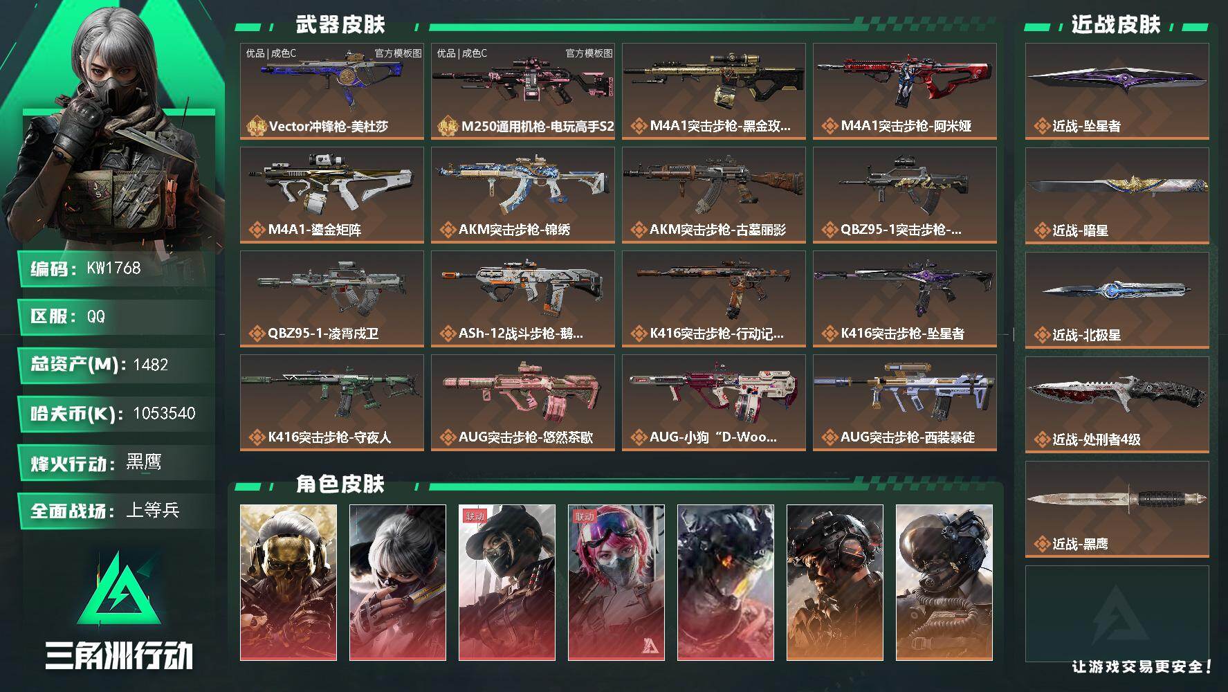 三角洲行动账号QQ【KW1768】总资产1482M/哈夫币105354万/传说近战数4/干员外观数20/典藏外观数2/传说枪皮数80/战场等级50/行动等级60/安全箱等时效性道具以游戏内数据为准，详情请看图/红狼-