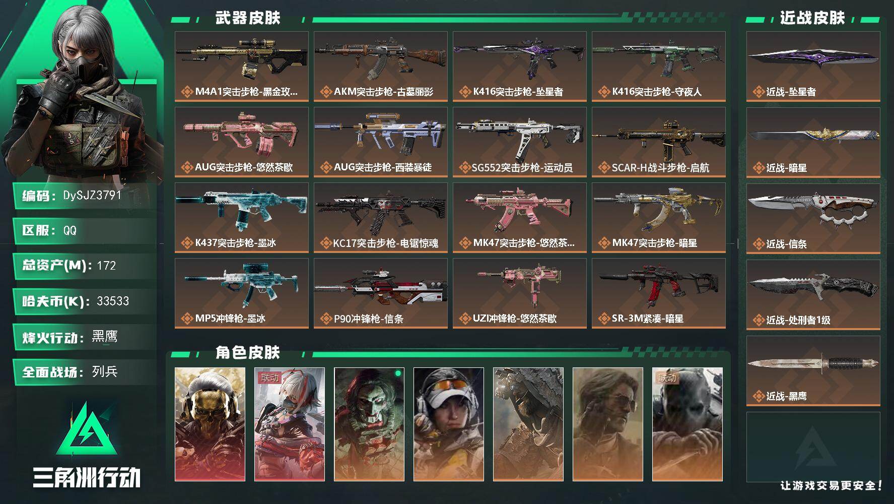 三角洲行动账号QQ【DySJZ3791】总资产172M/哈夫币3353万/传说近战数4/干员外观数7/传说枪皮数24/战场等级10/行动等级60/安全箱等时效性道具以游戏内数据为准，详情请看图/红狼-蚀金玫瑰/骇爪-