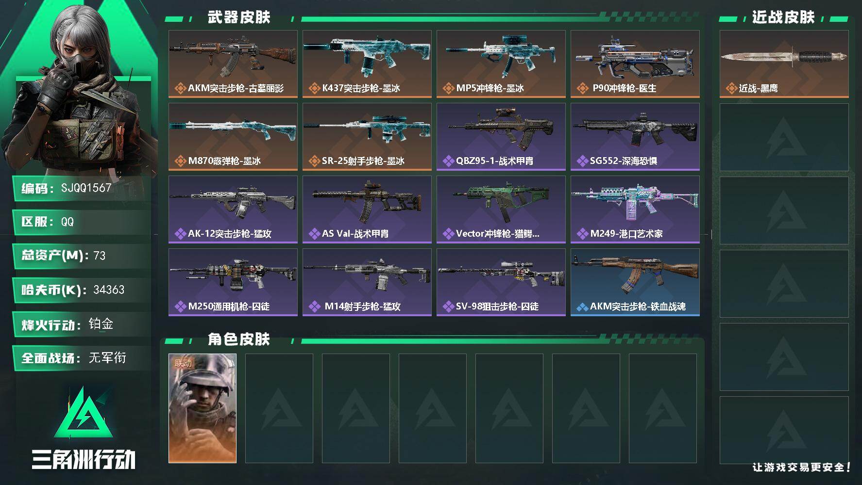 三角洲行动账号QQ【SJQQ1567】总资产73M/哈夫币3436万/干员外观数1/传说枪皮数6/战场等级1/行动等级60/安全箱等时效性道具以游戏内数据为准，详情请看图/蜂医-医生/近战-黑鹰/AKM突击步枪-古墓