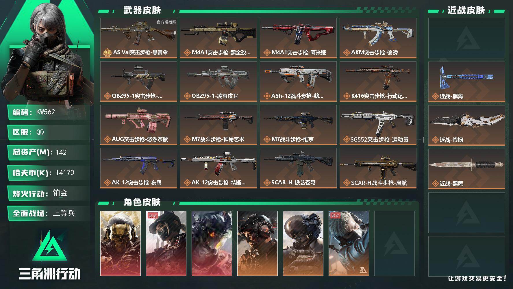 三角洲行动账号QQ【KW562】总资产142M/哈夫币1417万/传说近战数3/干员外观数13/典藏外观数1/传说枪皮数50/战场等级41/行动等级60/安全箱等时效性道具以游戏内数据为准，详情请看图/红狼-蚀金玫瑰