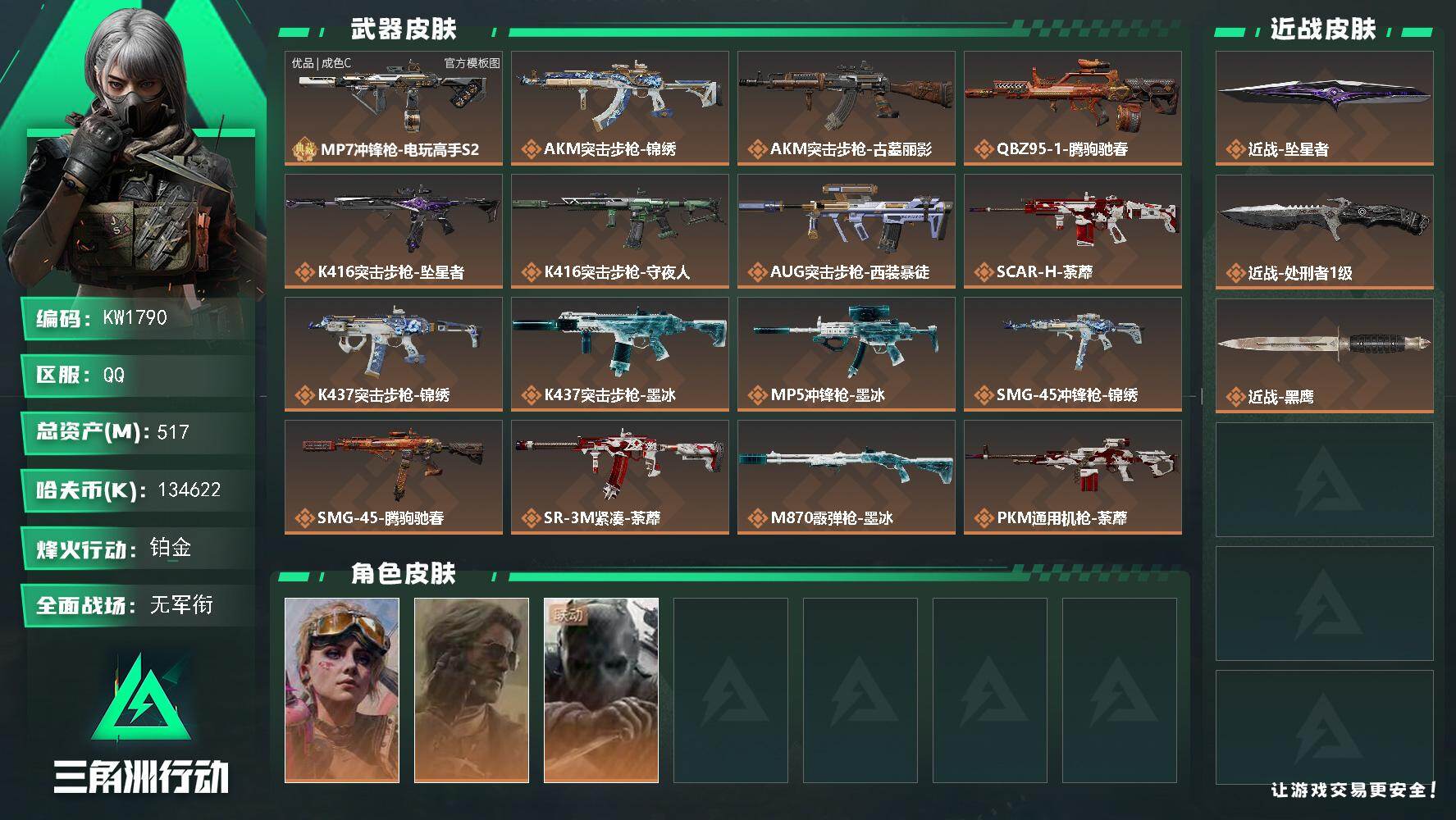 三角洲行动账号QQ【KW1790】总资产517M/哈夫币13462万/传说近战数2/干员外观数3/典藏外观数1/传说枪皮数21/战场等级1/行动等级60/安全箱等时效性道具以游戏内数据为准，详情请看图/蛊-不羁人生/