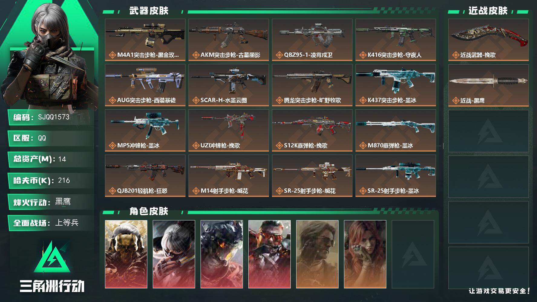 三角洲行动账号QQ【SJQQ1573】总资产14M/哈夫币21万/传说近战数1/干员外观数6/传说枪皮数17/战场等级