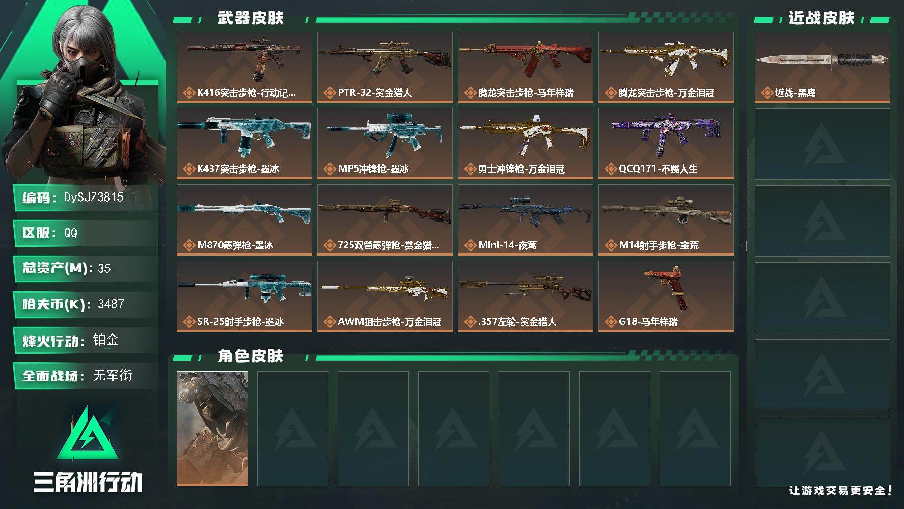 三角洲行动账号QQ【DySJZ3815】总资产35M/哈夫币348万/干员外观数1/传说枪皮数16/战场等级1/行动等级60/安全箱等时效性道具以游戏内数据为准，详情请看图/乌鲁鲁-荒原猎手/近战-黑鹰/K416突击