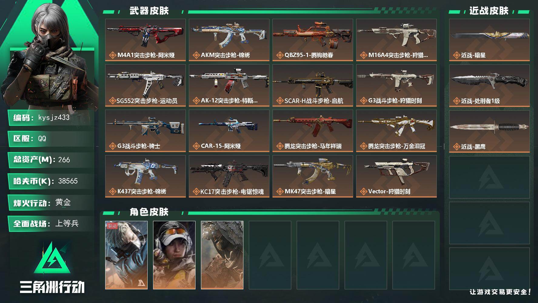 三角洲行动账号QQ266m总资产-38565k哈夫币-60烽火等级-黄金-40战场等级-上等兵
【干员外观】：蜂医-送