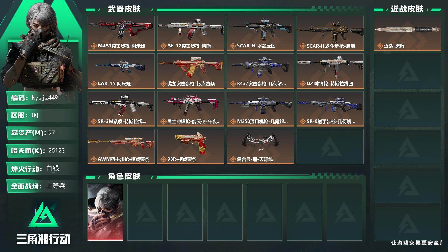 三角洲行动账号QQ97m总资产-25123k哈夫币-41烽火等级-白银-50战场等级-上等兵
【干员外观】：骇爪-水墨