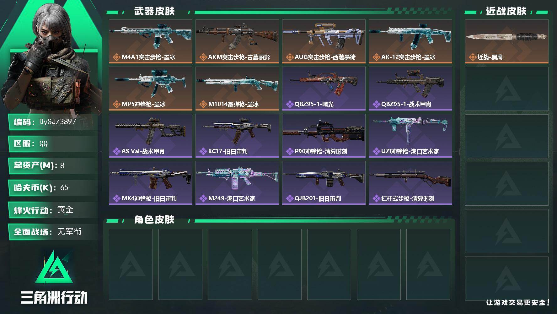 三角洲行动账号QQ【DySJZ3897】总资产8M/哈夫币6万/传说枪皮数6/战场等级1/行动等级57/安全箱等时效性道具以游戏内数据为准，详情请看图/近战-黑鹰/M4A1突击步枪-墨冰/AKM突击步枪-古墓丽影/A