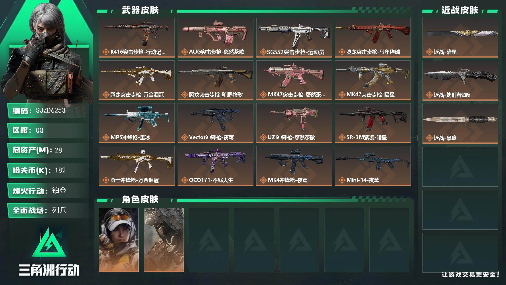 三角洲行动账号QQ【SJZD6253】总资产28M/哈夫币18万/传说近战数2/干员外观数2/传说枪皮数22/战场等级16/行动等级60/安全箱等时效性道具以游戏内数据为准，详情请看图/露娜-金牌射手/乌鲁鲁-荒原猎