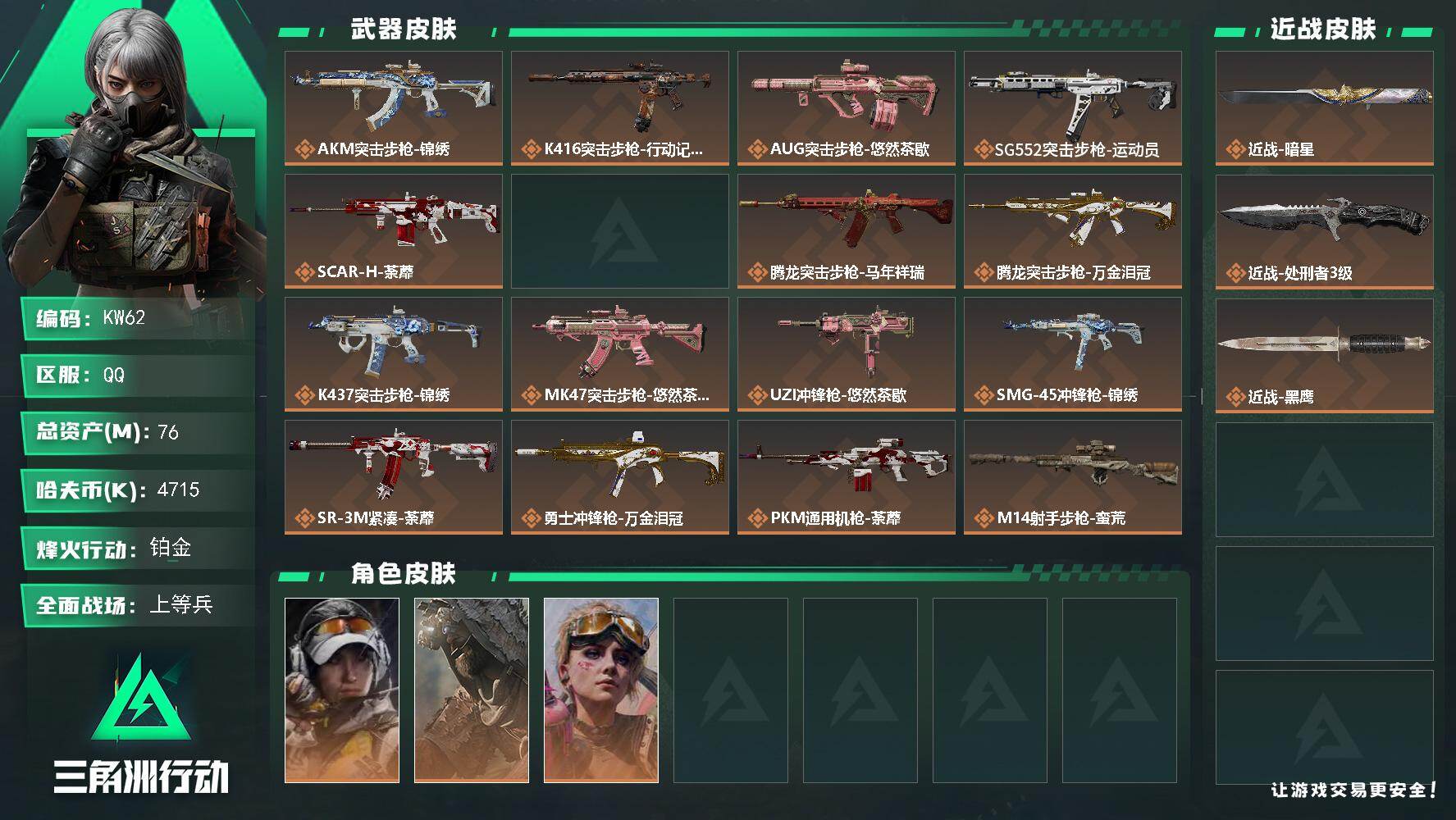 三角洲行动账号QQ【KW62】总资产76M/哈夫币471万/传说近战数2/干员外观数3/传说枪皮数19/战场等级26/行动等级60/安全箱等时效性道具以游戏内数据为准，详情请看图/露娜-金牌射手/乌鲁鲁-荒原猎手/蛊