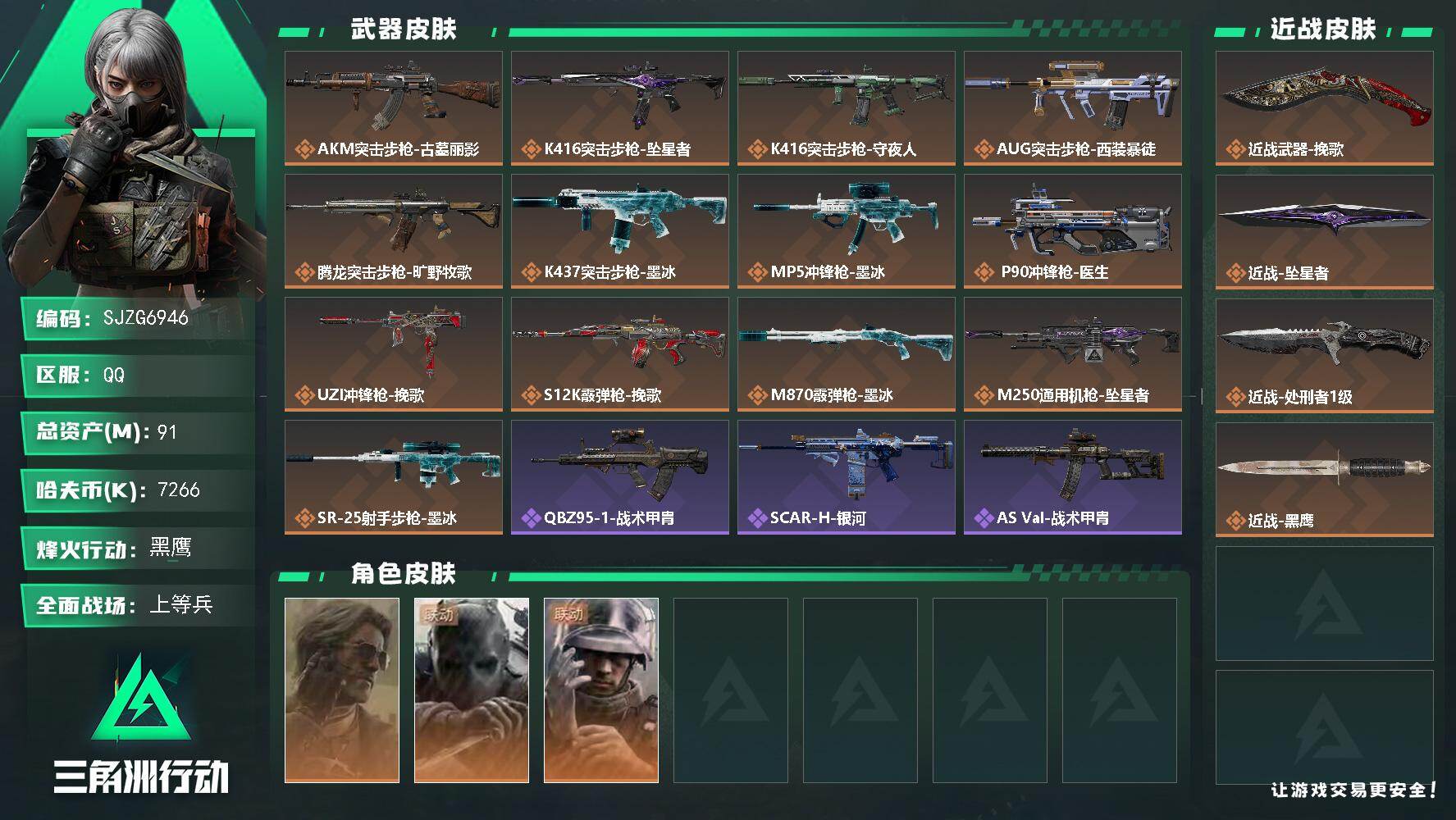 三角洲行动账号QQ【SJZG6946】总资产91M/哈夫币726万/传说近战数3/干员外观数3/传说枪皮数13/战场等级18/行动等级60/安全箱等时效性道具以游戏内数据为准，详情请看图/银翼-未结卷宗/无名-守夜人