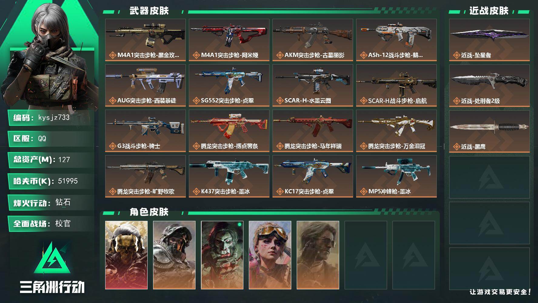 三角洲行动账号QQ127m总资产-51995k哈夫币-60烽火等级-钻石-50战场等级-校官
【干员外观】：红狼-蚀金