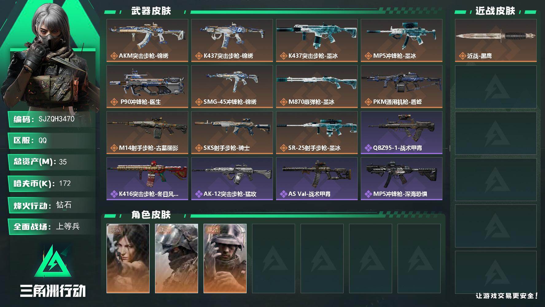 三角洲行动账号QQ【SJZQH3470】总资产35M/哈夫币17万/干员外观数3/传说枪皮数11/战场等级16/行动等级60/安全箱等时效性道具以游戏内数据为准，详情请看图/露娜-劳拉·克劳馥/蜂医-医生/深蓝-盾峰