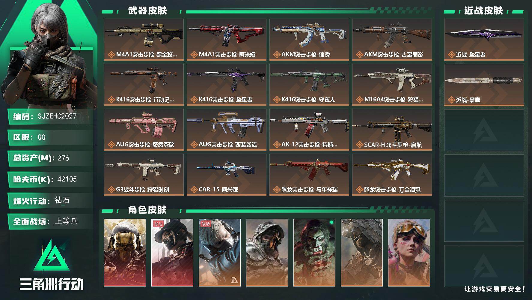 三角洲行动账号QQ【SJZEHC2027】EHC40161	2红皮/1刀皮/8金皮/天才少年/75发aw/多咖啡豆/276m总资产-42105k哈夫币-60烽火等级-钻石-50战场等级-上等兵
【干员外观】：红狼-蚀
