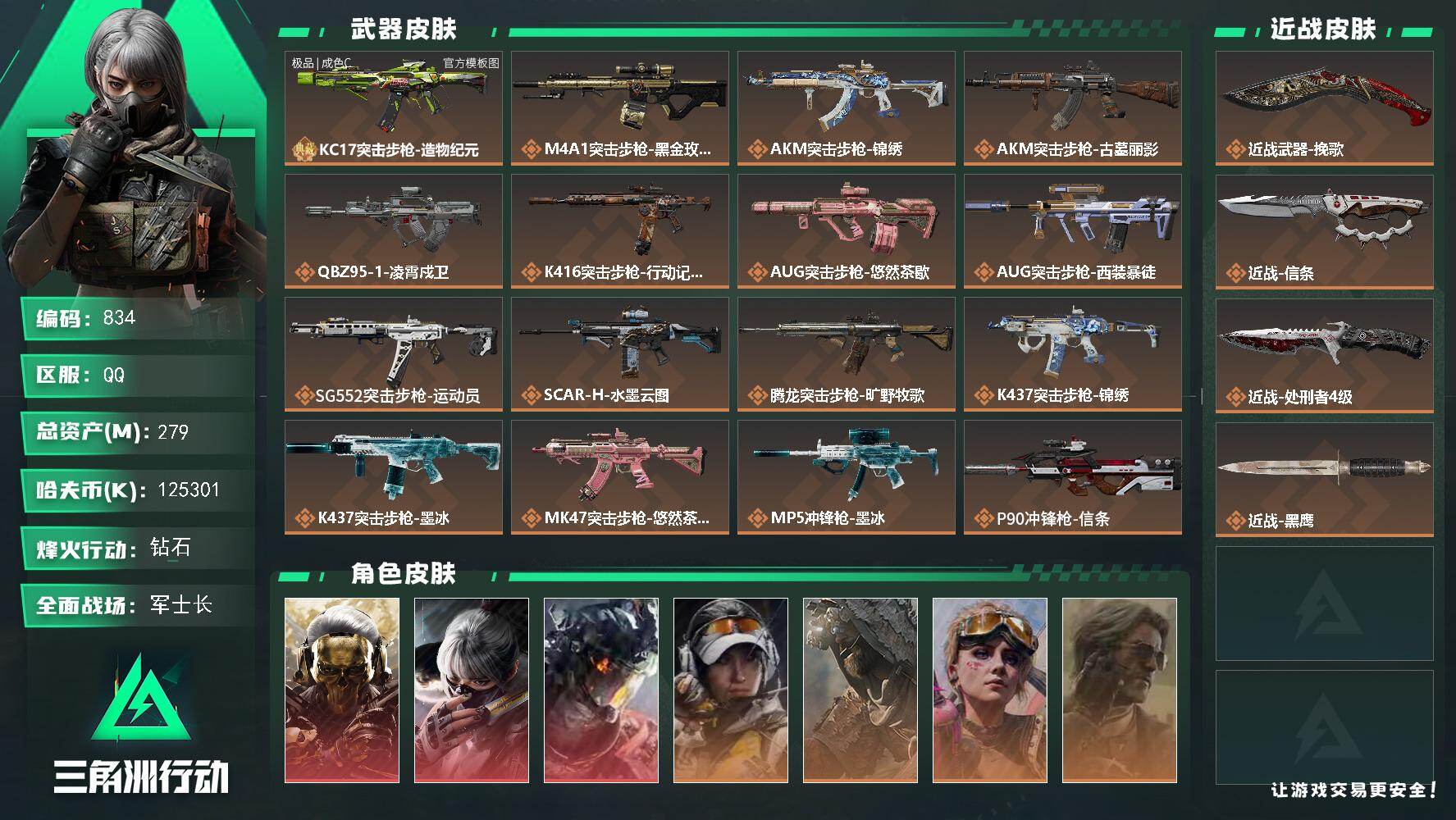 三角洲行动账号QQ279m总资产-k哈夫币-60烽火等级-钻石-45战场等级-军士长
【干员外观】：红狼-蚀金玫瑰，骇