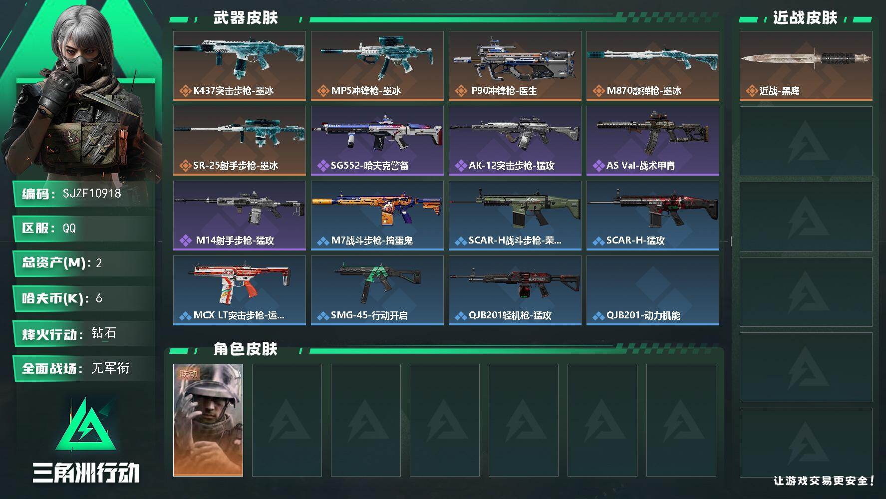 三角洲行动账号QQ【SJZF10918】总资产2M/哈夫币0万/干员外观数1/传说枪皮数5/战场等级1/行动等级43/安全箱等时效性道具以游戏内数据为准，详情请看图/蜂医-医生/近战-黑鹰/K437突击步枪-墨冰/M