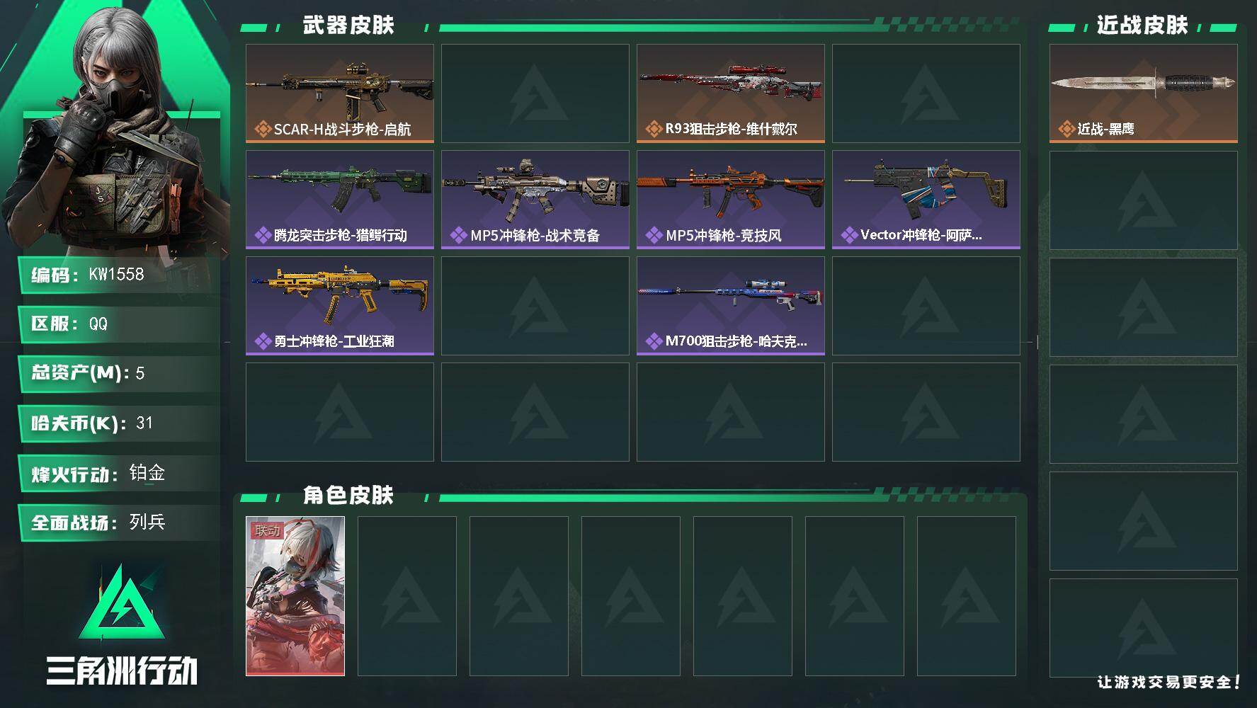 三角洲行动账号QQ【KW1558】总资产5M/哈夫币3万/干员外观数1/传说枪皮数3/战场等级7/行动等级52/安全箱等时效性道具以游戏内数据为准，详情请看图/骇爪-维什戴尔/近战-黑鹰/SCAR-H战斗步枪-启航/