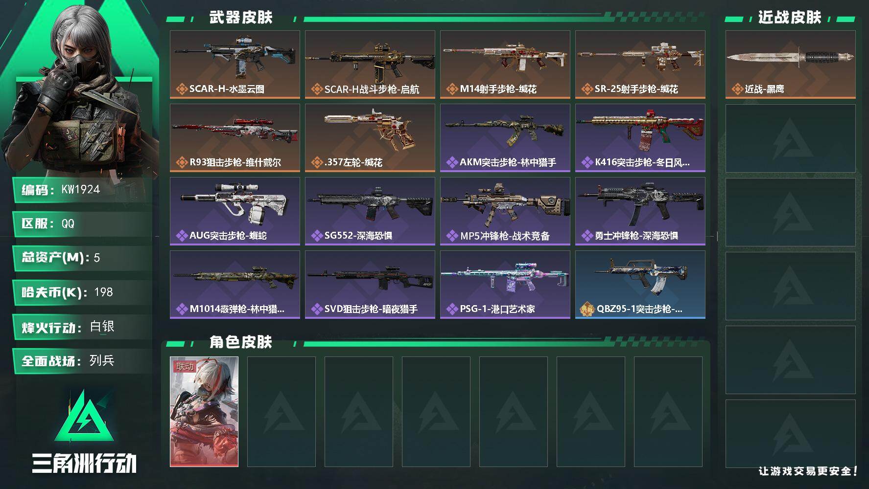 三角洲行动账号QQ【KW1924】总资产5M/哈夫币19万/干员外观数1/传说枪皮数6/战场等级10/行动等级48/安全箱等时效性道具以游戏内数据为准，详情请看图/骇爪-维什戴尔/近战-黑鹰/SCAR-H战斗步枪-水