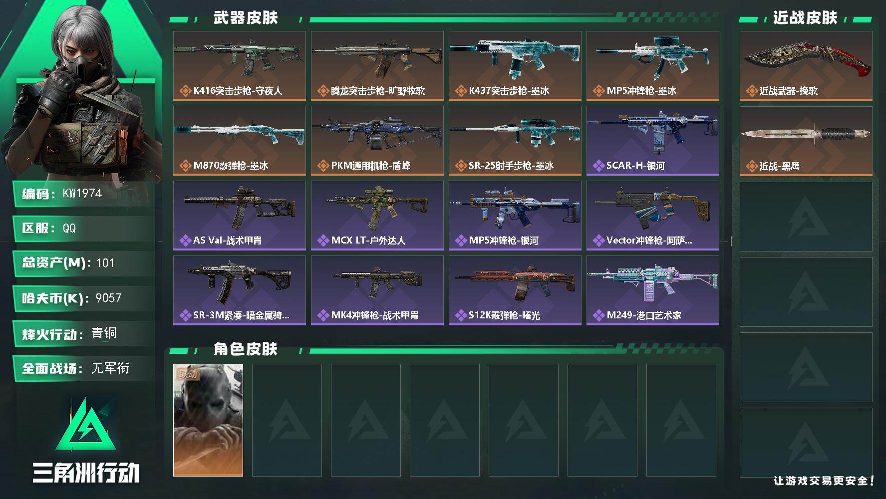 三角洲行动账号QQ【KW1974】总资产101M/哈夫币905万/传说近战数1/干员外观数1/传说枪皮数7/战场等级1/行动等级54/安全箱等时效性道具以游戏内数据为准，详情请看图/无名-守夜人/近战武器-挽歌/近战