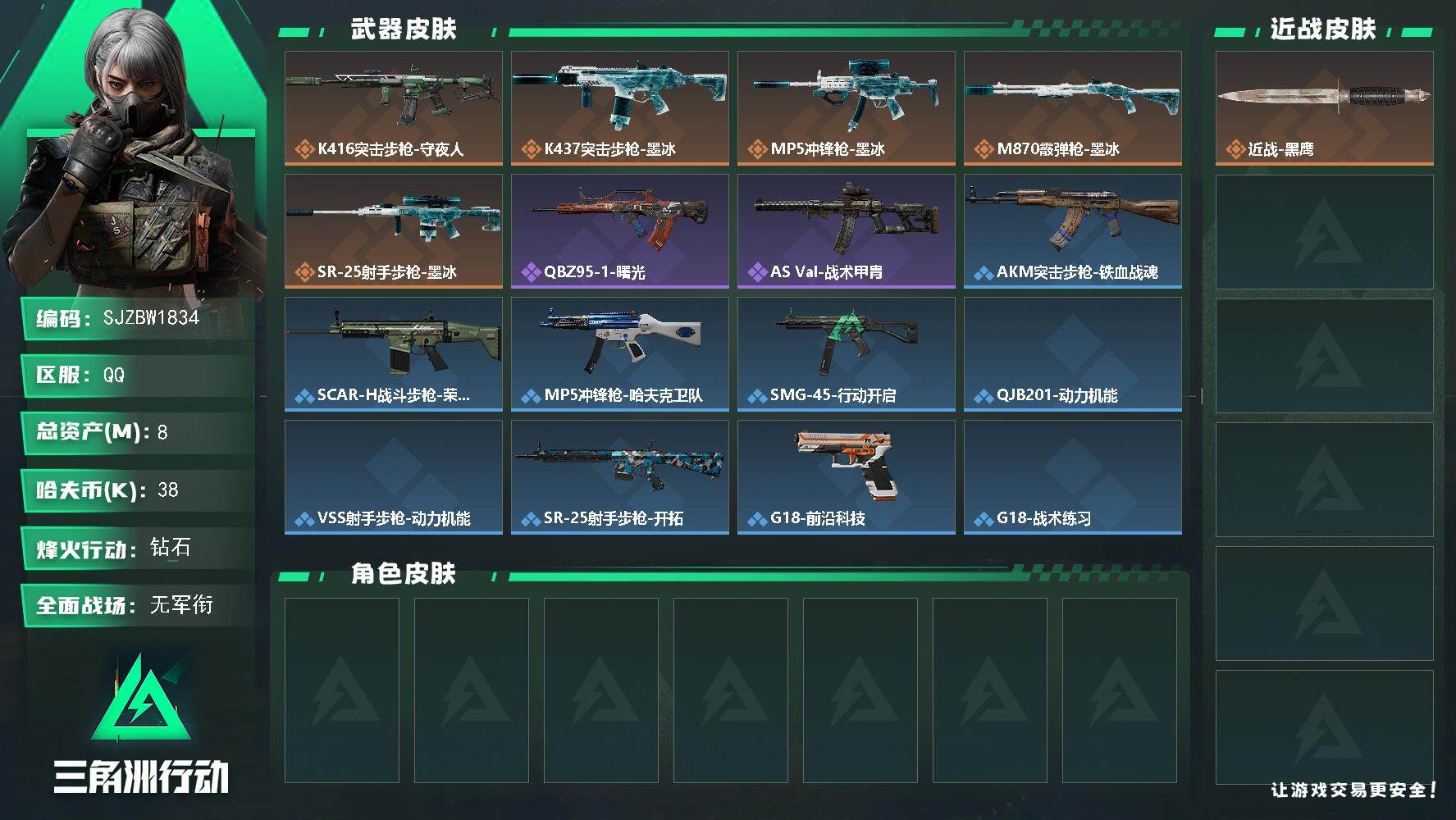 三角洲行动账号QQ【SJZBW1834】总资产8M/哈夫币3万/传说枪皮数5/战场等级1/行动等级60/安全箱等时效性道具以游戏内数据为准，详情请看图/近战-黑鹰/K416突击步枪-守夜人/K437突击步枪-墨冰/M