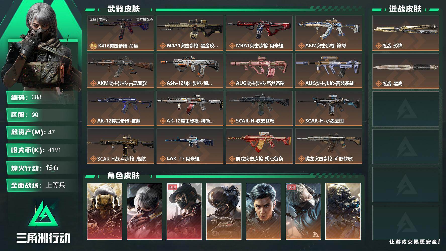 三角洲行动账号QQ47m总资产-4191k哈夫币-60烽火等级-钻石-50战场等级-上等兵
【干员外观】：红狼-蚀金玫