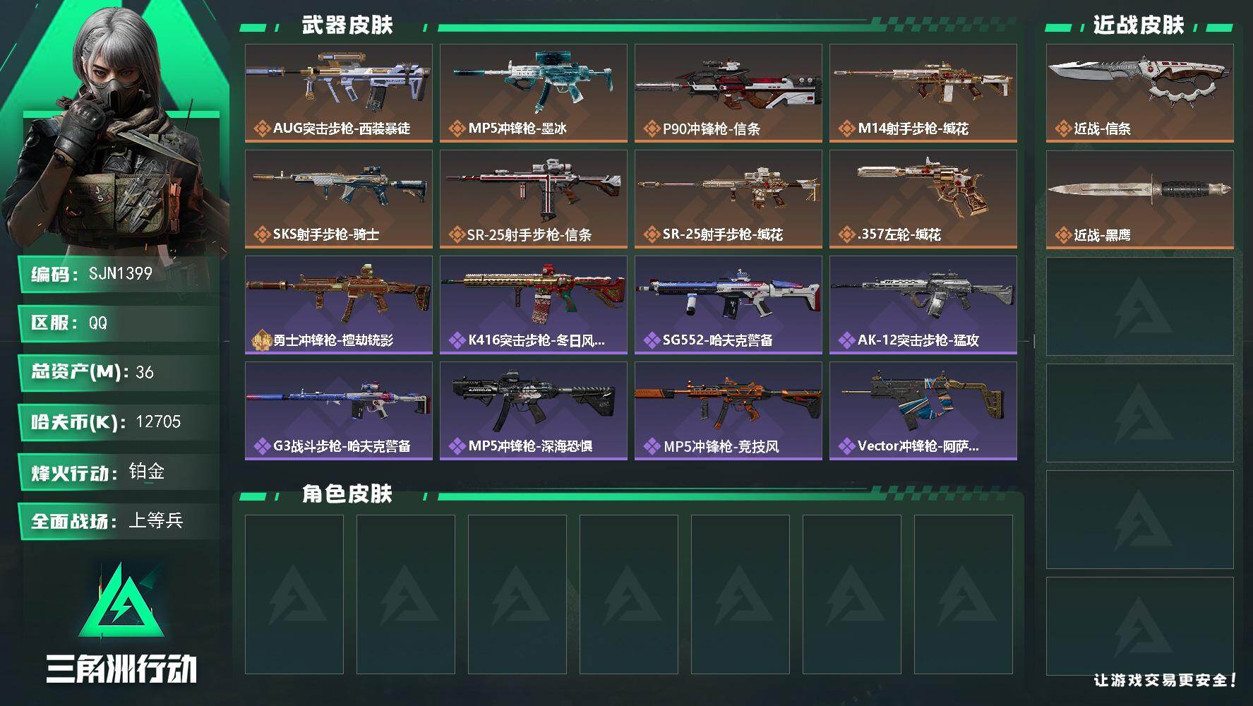 三角洲行动账号QQ【SJN1399】总资产36M/哈夫币1270万/传说近战数1/传说枪皮数8/战场等级27/行动等级60/安全箱等时效性道具以游戏内数据为准，详情请看图/近战-信条/近战-黑鹰/AUG突击步枪-西装