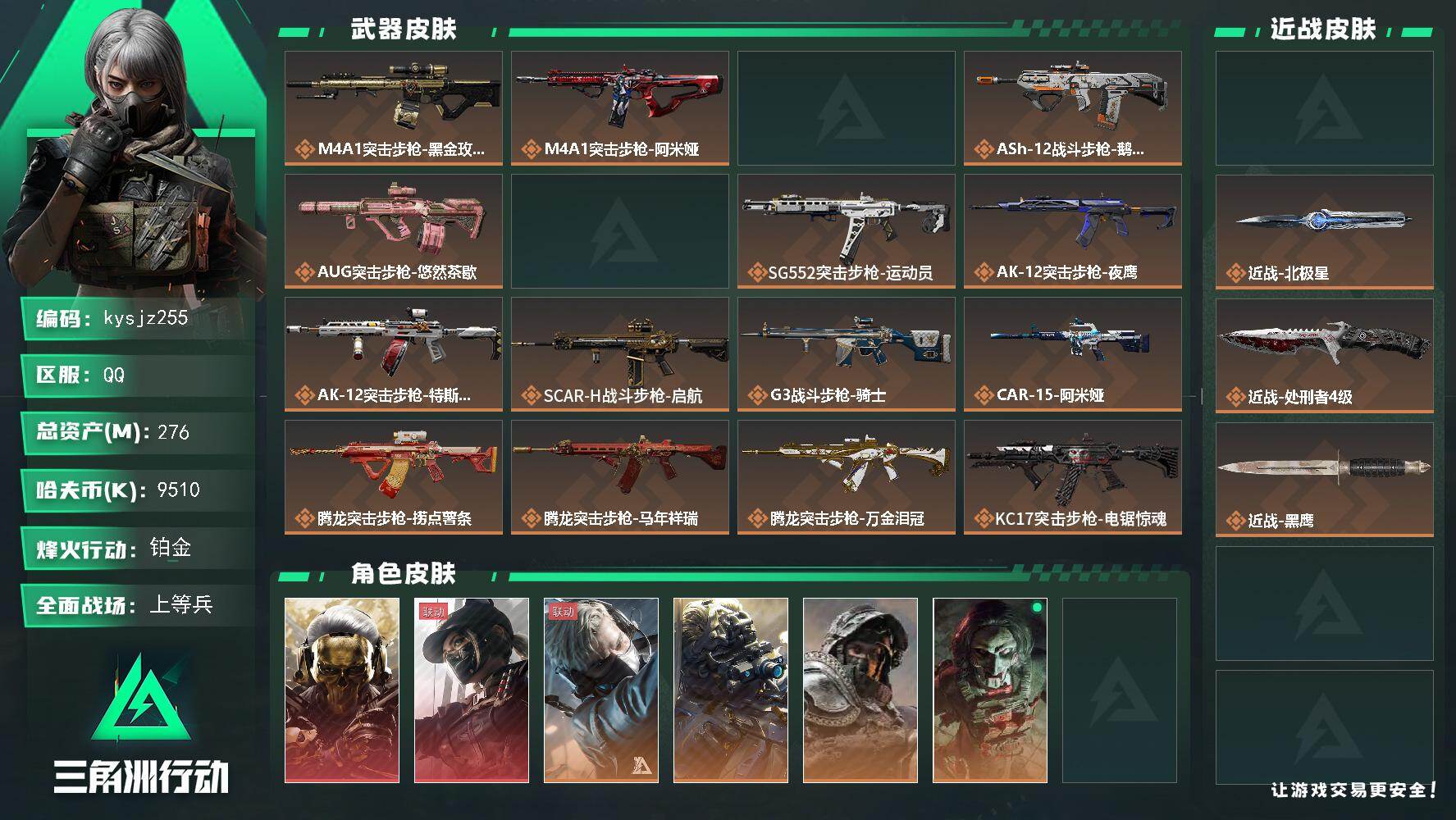 三角洲行动账号QQ276m总资产-9510k哈夫币-60烽火等级-铂金-32战场等级-上等兵
【干员外观】：红狼-蚀金