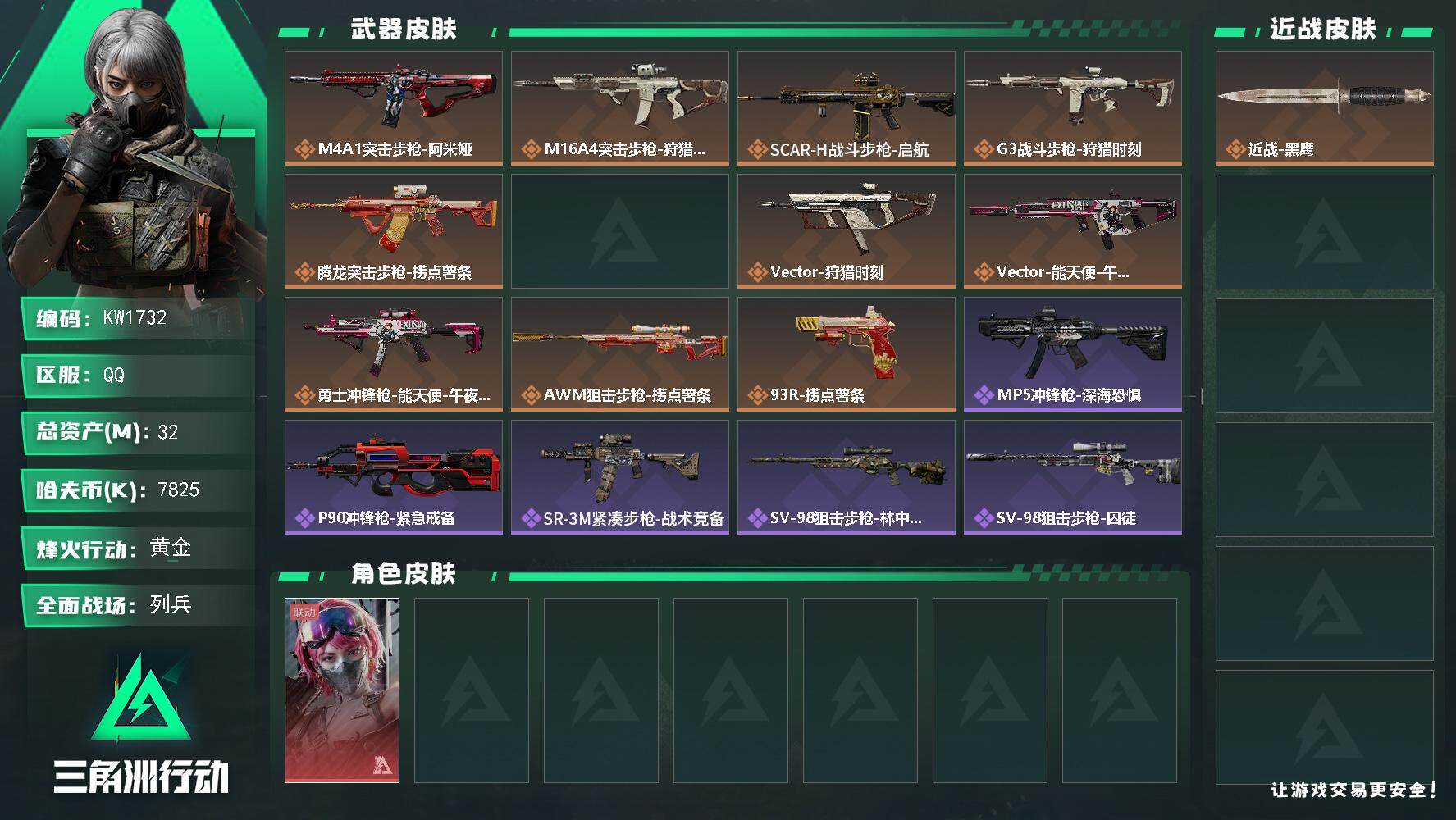 三角洲行动账号QQ【KW1732】总资产32M/哈夫币782万/干员外观数1/传说枪皮数11/战场等级12/行动等级29/安全箱等时效性道具以游戏内数据为准，详情请看图/蛊-能天使午夜邮差/近战-黑鹰/M4A1突击步