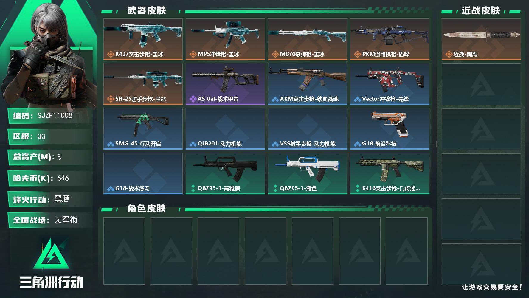 三角洲行动账号QQ【SJZF11008】总资产8M/哈夫币64万/传说枪皮数5/战场等级1/行动等级60/安全箱等时效性道具以游戏内数据为准，详情请看图/近战-黑鹰/K437突击步枪-墨冰/MP5冲锋枪-墨冰/M87