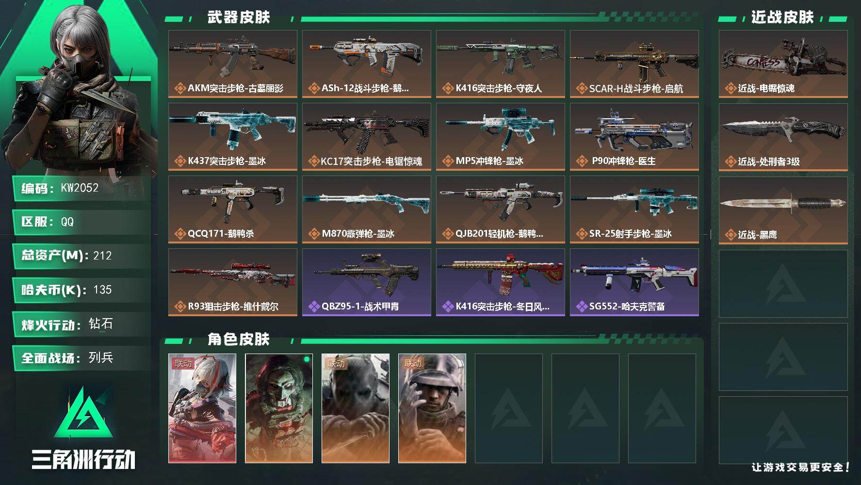 三角洲行动账号QQ【KW2052】总资产212M/哈夫币13万/传说近战数2/干员外观数4/传说枪皮数13/战场等级28/行动等级60/安全箱等时效性道具以游戏内数据为准，详情请看图/骇爪-维什戴尔/红狼-电锯惊魂/
