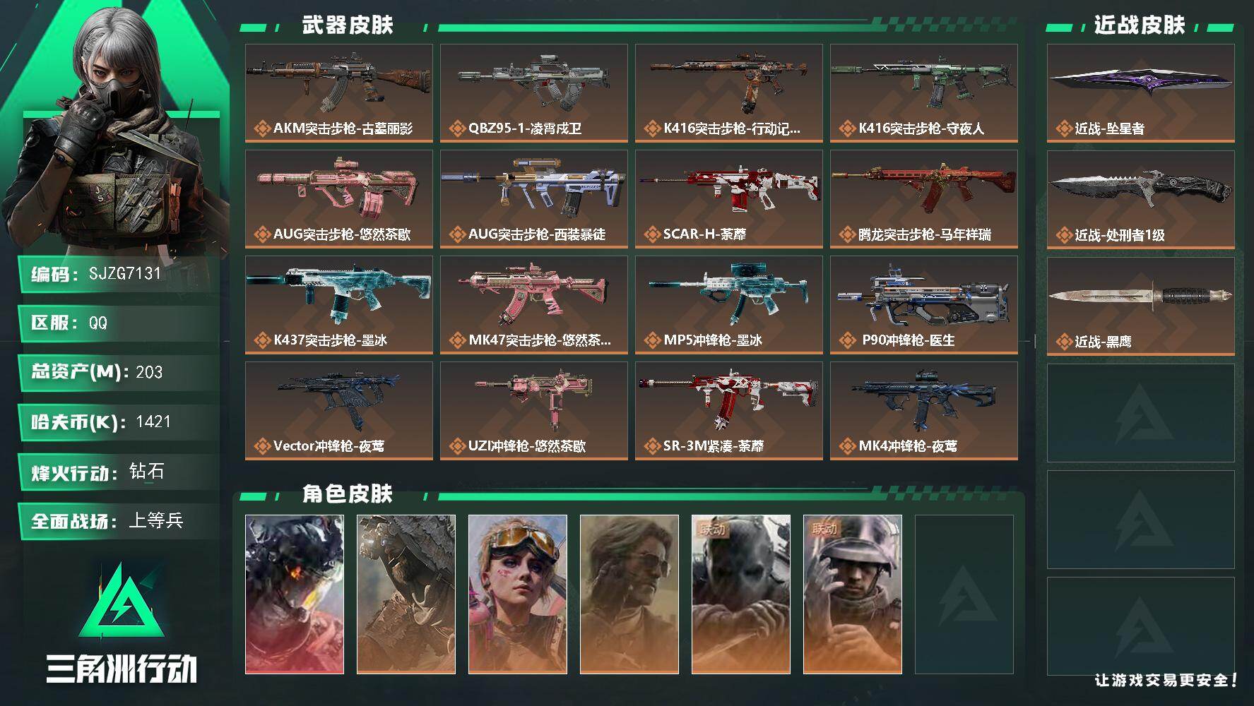 三角洲行动账号QQ【SJZG7131】总资产203M/哈夫币142万/传说近战数2/干员外观数6/传说枪皮数26/战场等级29/行动等级60/安全箱等时效性道具以游戏内数据为准，详情请看图/威龙-凌霄戍卫/乌鲁鲁-荒