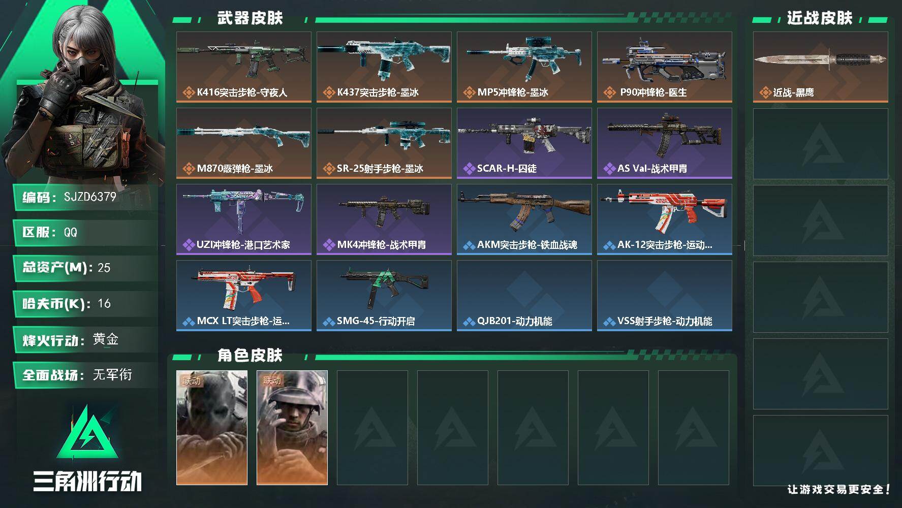 三角洲行动账号QQ【SJZD6379】总资产25M/哈夫币1万/干员外观数2/传说枪皮数6/战场等级1/行动等级60/安全箱等时效性道具以游戏内数据为准，详情请看图/无名-守夜人/蜂医-医生/近战-黑鹰/K416突击