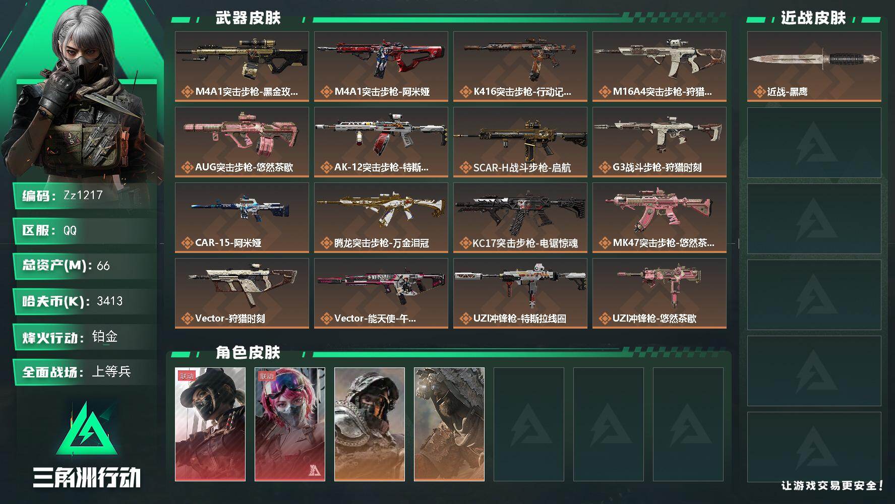 三角洲行动账号QQ【Zz1217】66m总资产-3413k哈夫币-60烽火等级-铂金-23战场等级-上等兵
【干员外观】：露娜-黑·天际线，蛊-能天使午夜邮差，深蓝-不破誓约，乌鲁鲁-荒原猎手
【近战皮肤】：近战-黑
