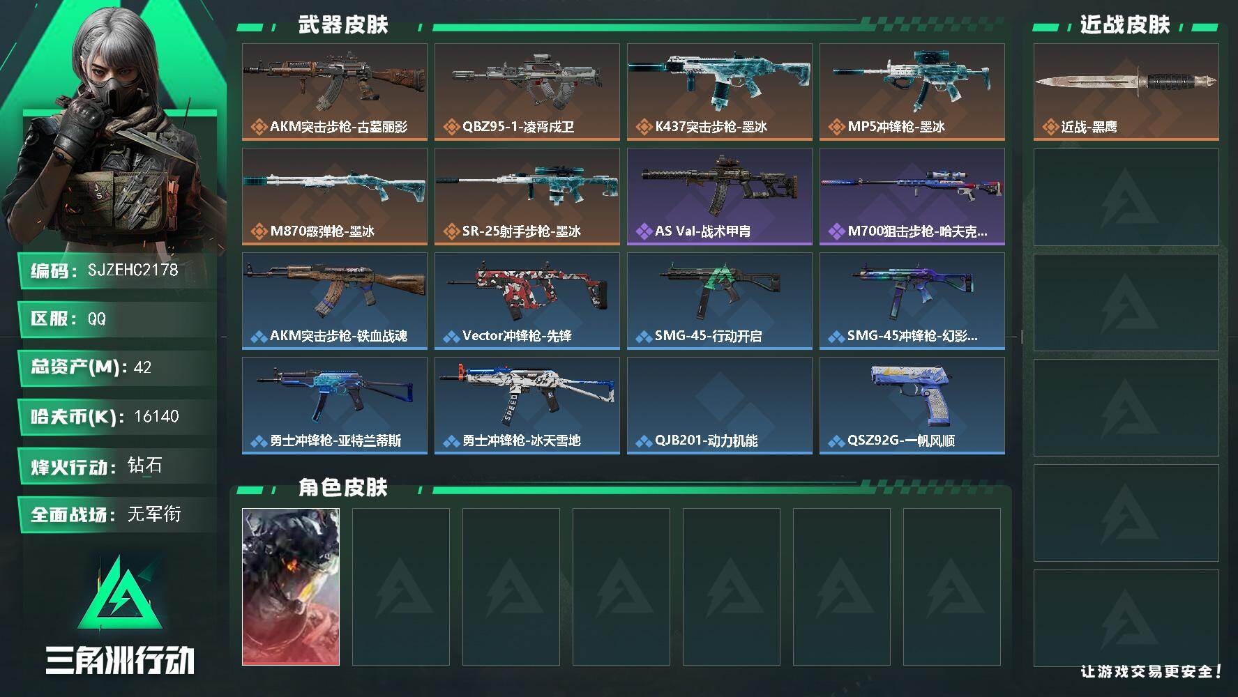 三角洲行动账号QQ【SJZEHC2178】EHC83055-凌霄戍卫-1红皮
42m总资产-16140k哈夫币-60烽火等级-钻石-1战场等级-无军衔
【干员外观】：威龙-凌霄戍卫
【近战皮肤】：近战-黑鹰
【传说外
