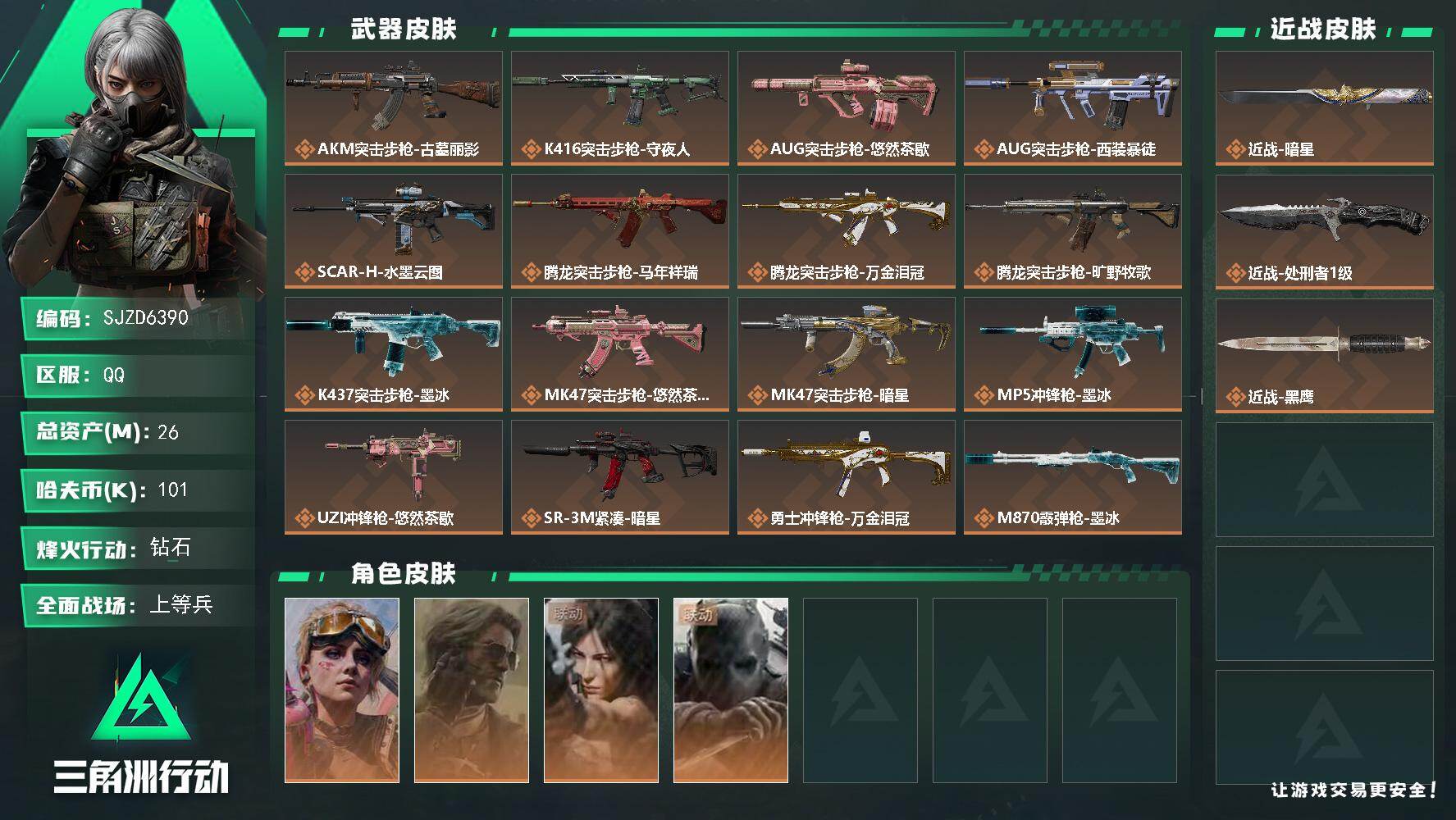 三角洲行动账号QQ【SJZD6390】总资产26M/哈夫币10万/传说近战数2/干员外观数4/传说枪皮数20/战场等级21/行动等级60/安全箱等时效性道具以游戏内数据为准，详情请看图/蛊-不羁人生/银翼-未结卷宗/