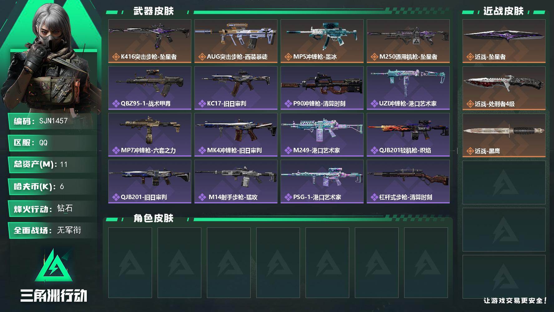 三角洲行动账号QQ【SJN1457】总资产11M/哈夫币0万/传说近战数2/传说枪皮数4/战场等级1/行动等级60/安全箱等时效性道具以游戏内数据为准，详情请看图/近战-坠星者/近战-处刑者4级/近战-黑鹰/K416