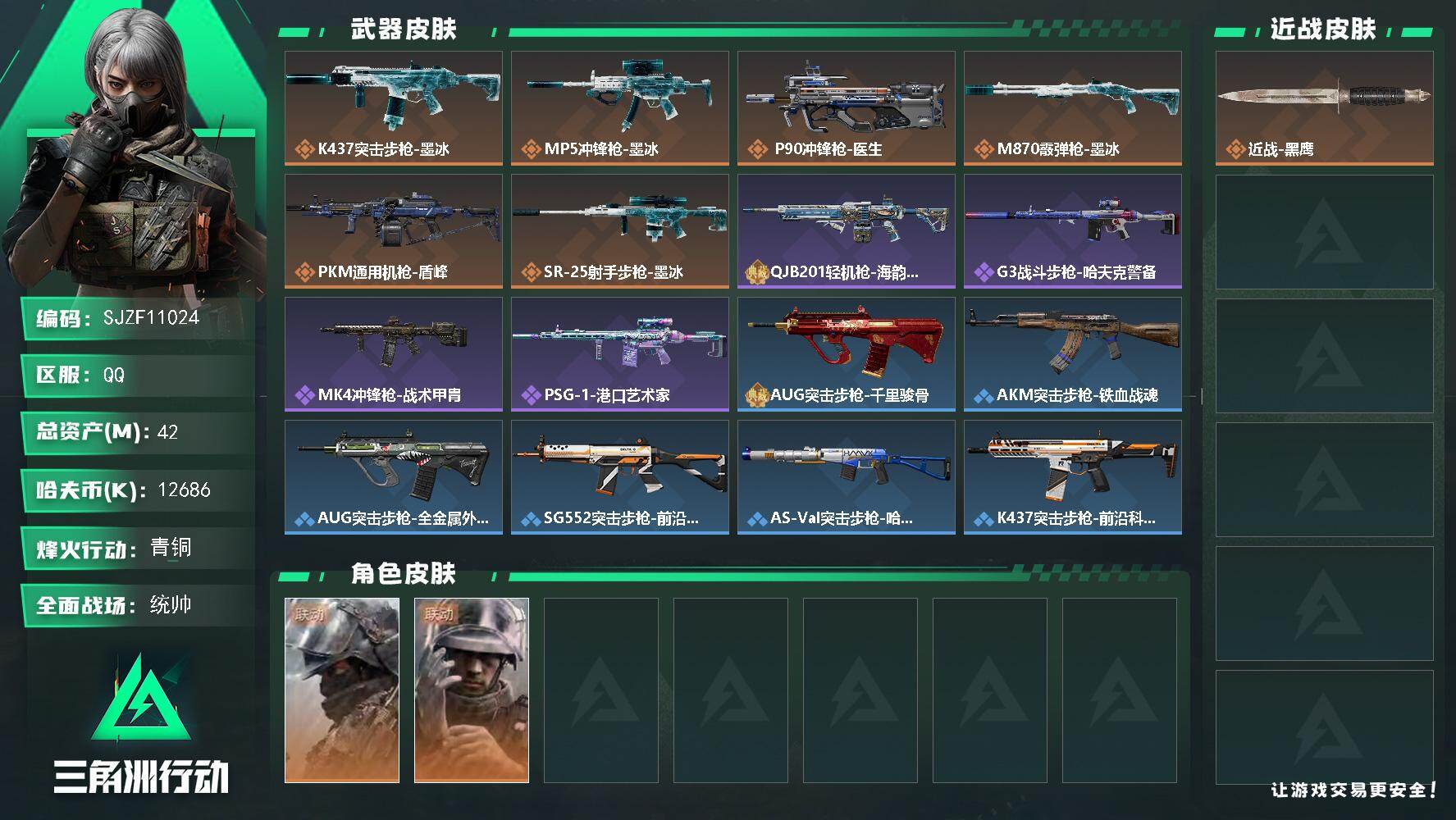 三角洲行动账号QQ【SJZF11024】总资产42M/哈夫币1268万/干员外观数2/传说枪皮数6/战场等级50/行动等级32/安全箱等时效性道具以游戏内数据为准，详情请看图/深蓝-盾峰/蜂医-医生/近战-黑鹰/K4