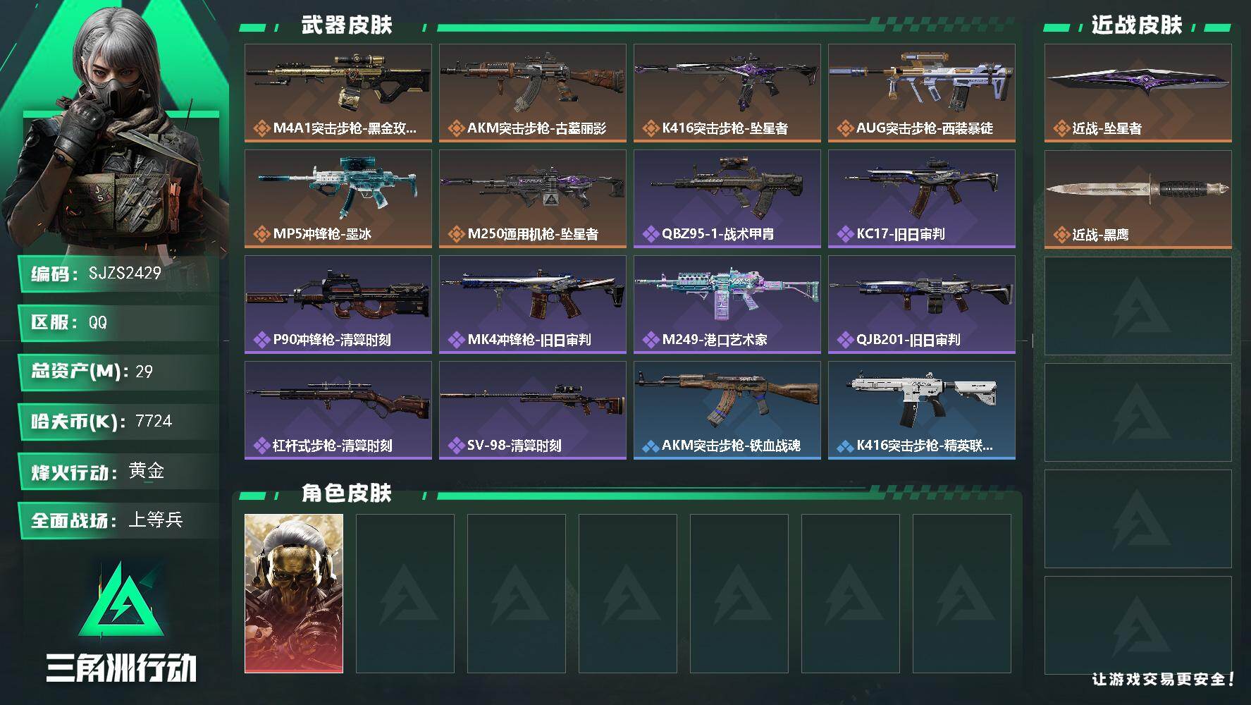 三角洲行动账号QQ【SJZS2429】总资产29M/哈夫币772万/传说近战数1/干员外观数1/传说枪皮数6/战场等级24/行动等级34/安全箱等时效性道具以游戏内数据为准，详情请看图/红狼-蚀金玫瑰/近战-坠星者/