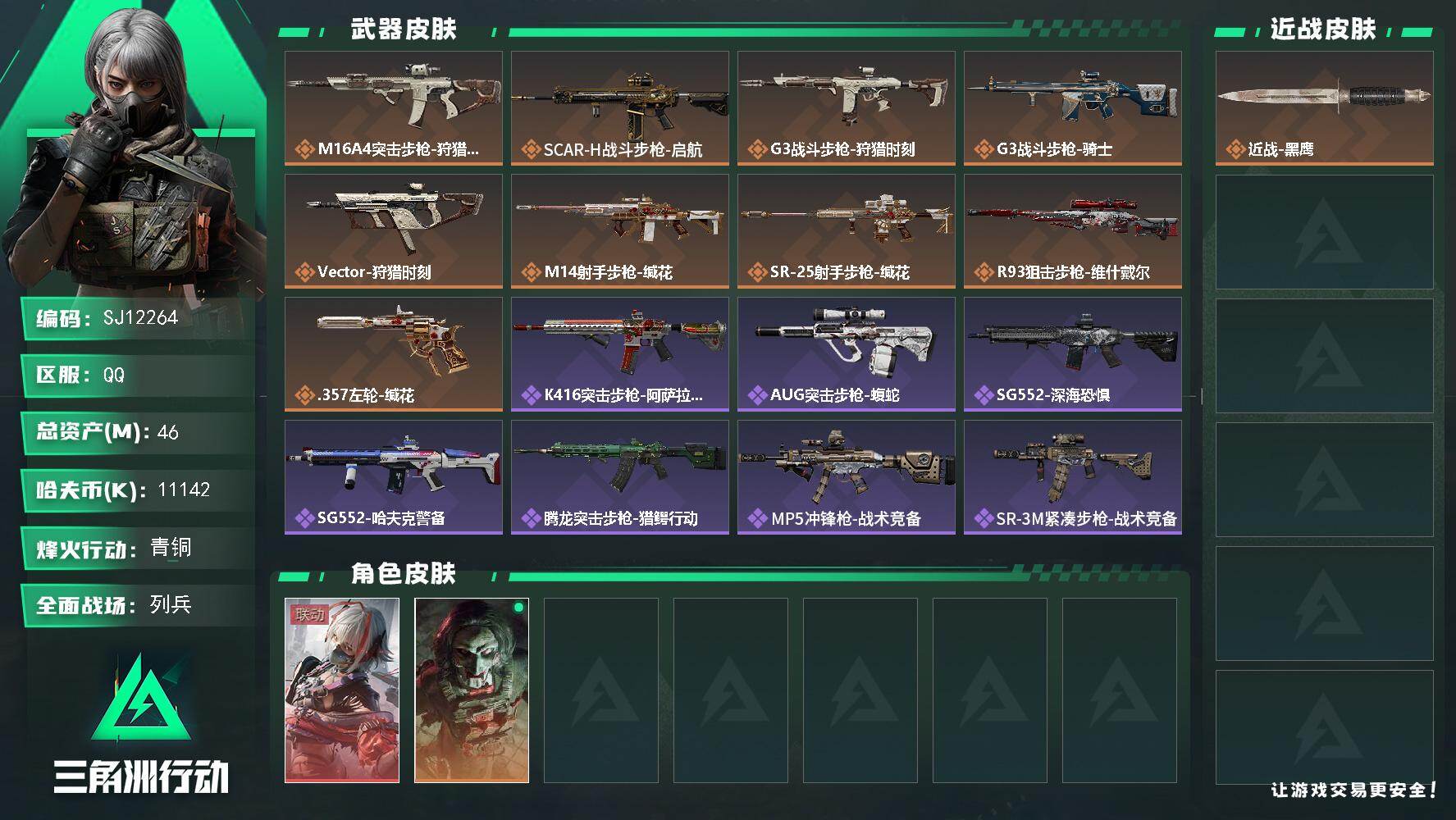 三角洲行动账号QQ【SJ12264】总资产46M/哈夫币1114万/干员外观数2/传说枪皮数9/战场等级50/行动等级34/安全箱等时效性道具以游戏内数据为准，详情请看图/骇爪-维什戴尔/红狼-电锯惊魂/近战-黑鹰/
