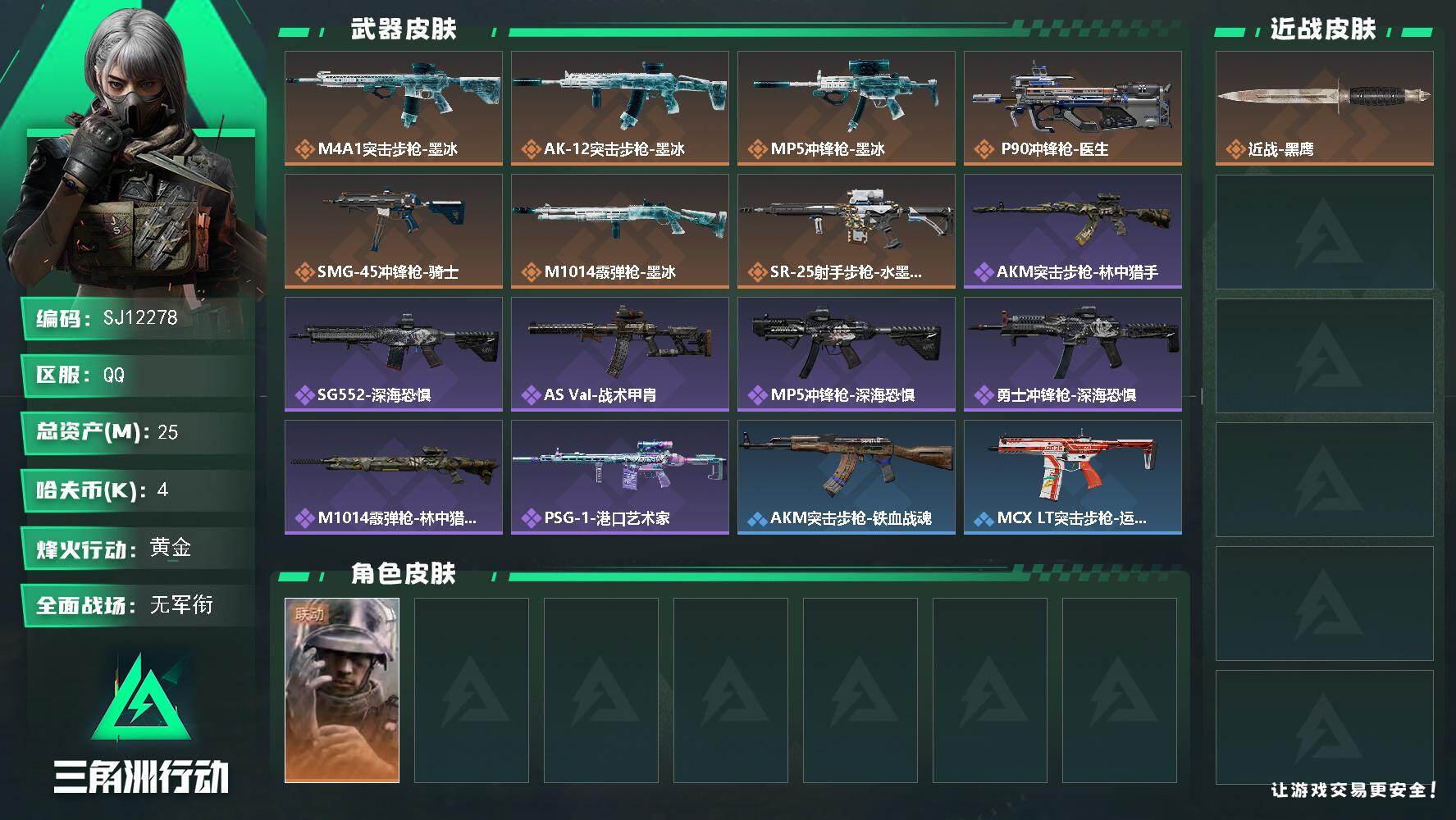 三角洲行动账号QQ【SJ12278】总资产25M/哈夫币0万/干员外观数1/传说枪皮数7/战场等级1/行动等级42/安全箱等时效性道具以游戏内数据为准，详情请看图/蜂医-医生/近战-黑鹰/M4A1突击步枪-墨冰/AK