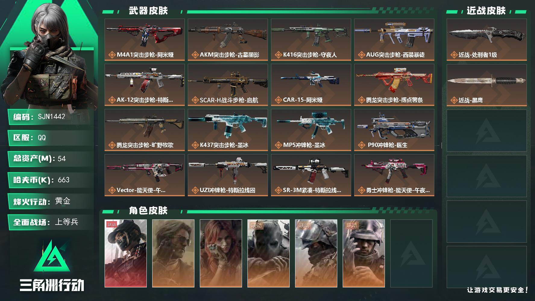 三角洲行动账号QQ【SJN1442】总资产54M/哈夫币66万/传说近战数1/干员外观数6/传说枪皮数24/战场等级21/行动等级60/安全箱等时效性道具以游戏内数据为准，详情请看图/露娜-黑·天际线/银翼-未结卷宗