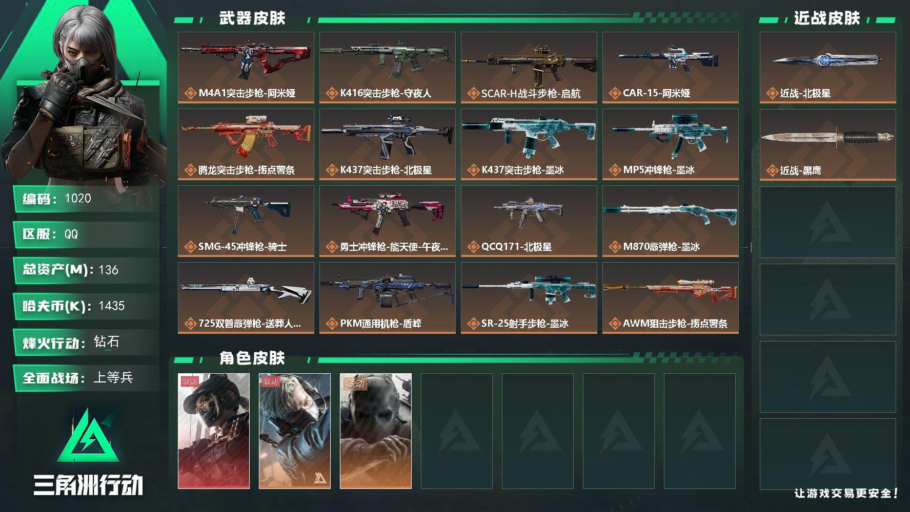 三角洲行动账号QQ136m总资产-1435k哈夫币-60烽火等级-钻石-20战场等级-上等兵
【干员外观】：露娜-黑·
