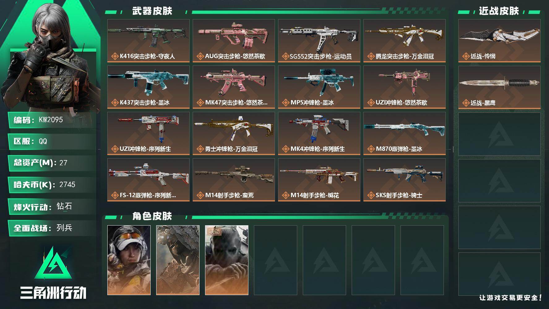 三角洲行动账号QQ【KW2095】总资产27M/哈夫币274万/传说近战数1/干员外观数3/传说枪皮数21/战场等级6/行动等级60/安全箱等时效性道具以游戏内数据为准，详情请看图/露娜-金牌射手/乌鲁鲁-荒原猎手/