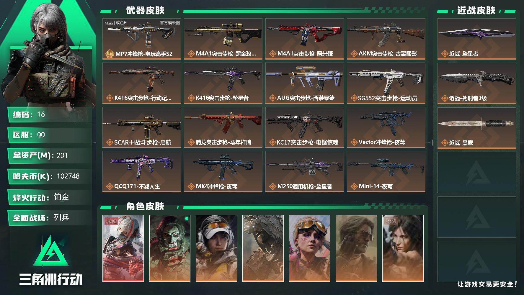 三角洲行动账号QQ201m总资产-k哈夫币-60烽火等级-铂金-22战场等级-列兵
【干员外观】：骇爪-维什戴尔，红狼