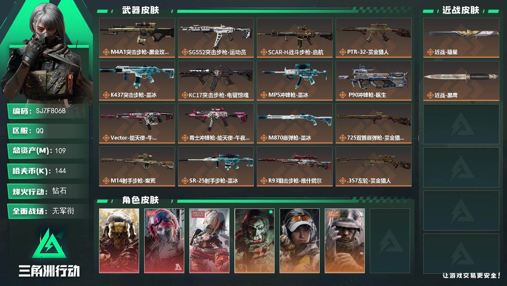 三角洲行动账号QQ【SJZF8068】总资产109M/哈夫币14万/传说近战数1/干员外观数6/传说枪皮数18/战场等级5/行动等级60/安全箱等时效性道具以游戏内数据为准，详情请看图/红狼-蚀金玫瑰/蛊-能天使午夜